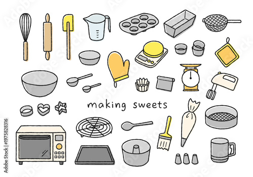 お菓子作りの道具の手描きイラストセット