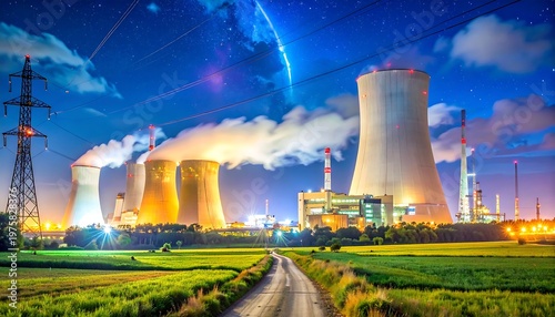 A nuclear power plant at night with a road leading to it