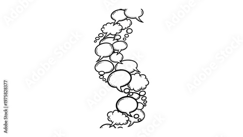 Conversation Bubbles Cascade: A collection of various empty speech bubbles float, suggesting dialogue, communication, and social interaction. A visual representation of conversation, thought.