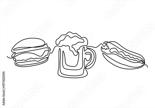 Continuous Line Drawing of Burger, Beer, and Hot Dog