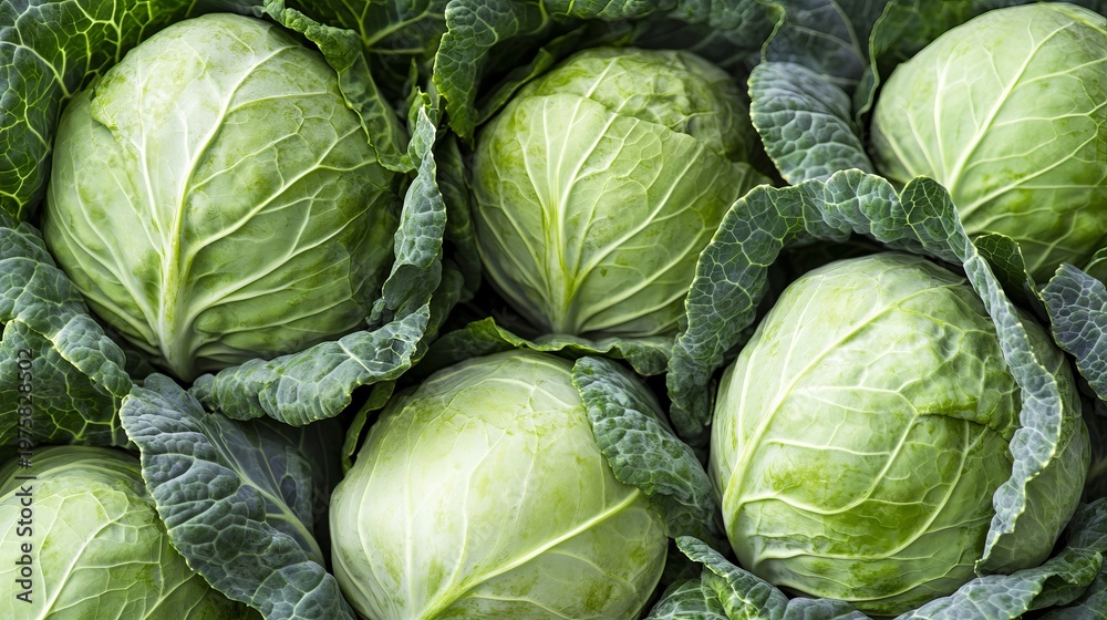Fototapeta premium Fresh Organic Emerald Green Cabbage Heads with Intricate Leaf Patterns and Natural Textures