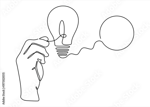 Continuous line drawing of hand holding light bulb connected to speech bubble