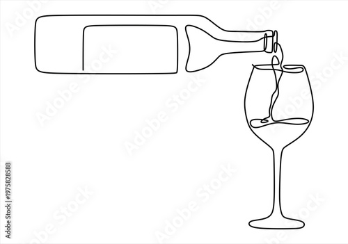 Minimalist single line drawing of wine being poured from a bottle into a glass