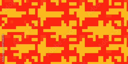 Vibrant orange and yellow pixelated pattern fills the entire frame