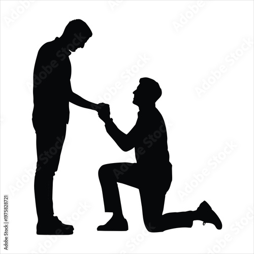 A romantic proposal between two men in a tender moment