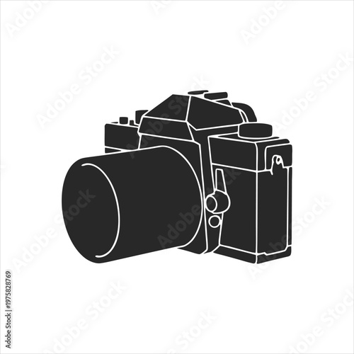 A simple black and white illustration of a camera