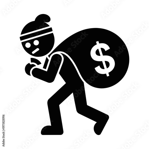 Thief robber carrying money bag crime burglar icon design
