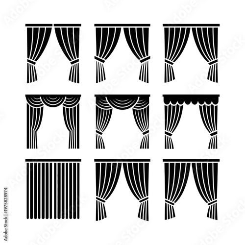 Window curtain drapes interior theater fabric decoration icon set