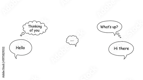 Communication bubble: Simple drawings of dialogue bubbles displaying various phrases such as Hello, Thinking of you, What's up?, and Hi there. The image conveys simplicity, interaction.