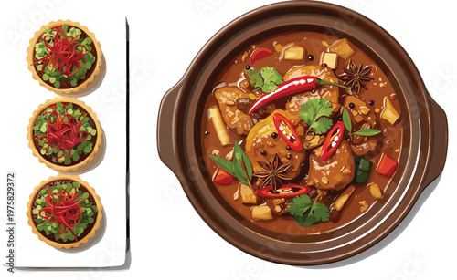 PrintSpicy curry and savory tart vector illustration set with herbs chili peppers and gourmet food in detailed top view style