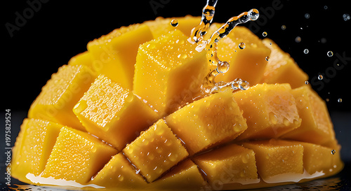 Macro Texture of Diced Mango with Water Droplets