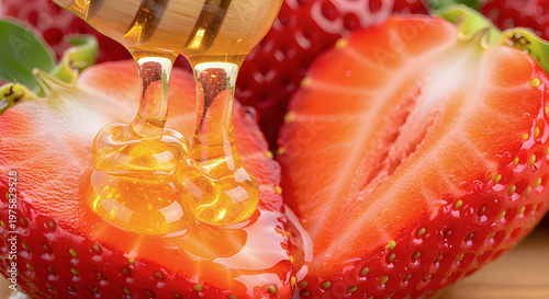 Macro Honey Dripping on Fresh Sliced Strawberry