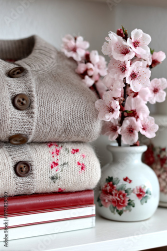 Stacked knit sweaters with cherry blossom vase — cozy home decor scene