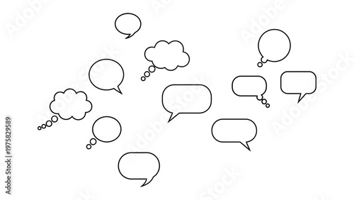 Thought Bubbles: A collection of various empty speech bubbles float, illustrating thoughts, ideas, and dialogues, offering a versatile visual metaphor for communication and expression.