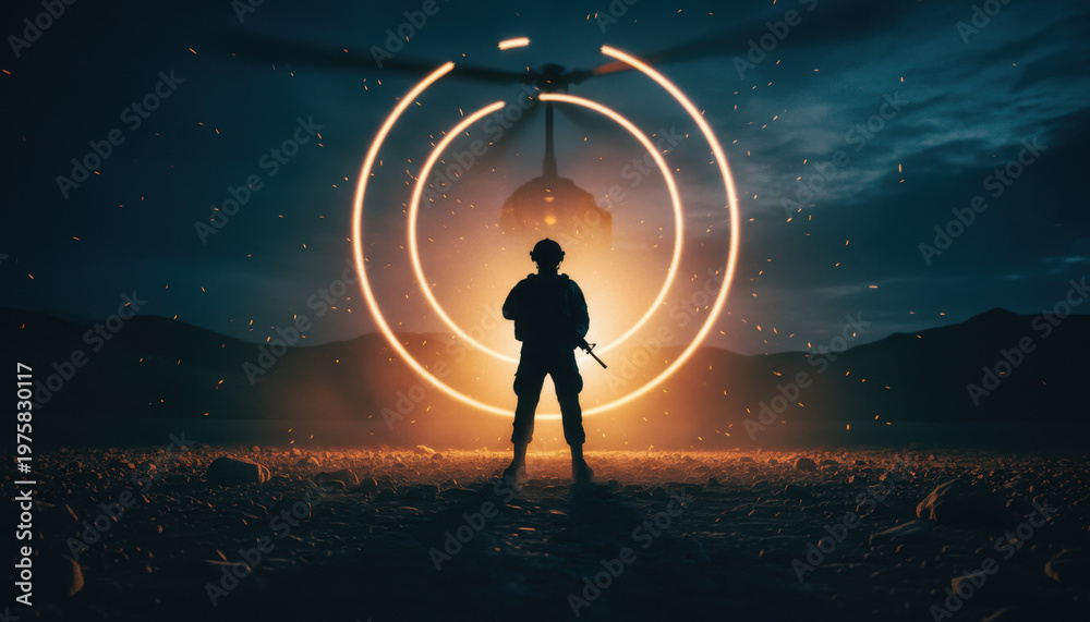 Fototapeta premium Silhouetted Soldier Standing in Front of Neon Circular Rings at Night