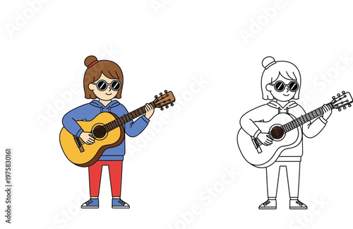 Girl Playing Acoustic Guitar Illustration Set - Colored and Line Art Vector Character - Female Musician in Hoodie and Sunglasses for Music Education, Hobbies, and Creative Projects