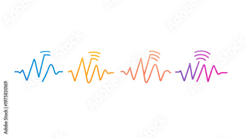 A set of four gradient-colored waveform graphics with stylized signal elements above