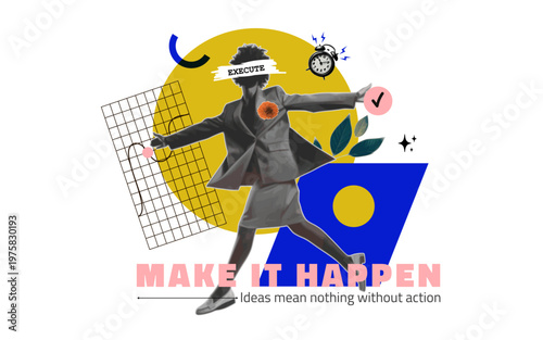 Execution and action business concept poster with dynamic woman collage and abstract design
