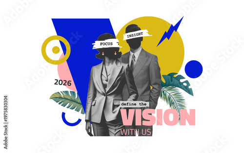 Vision driven business growth concept with creative collage of professionals and abstract geometric design