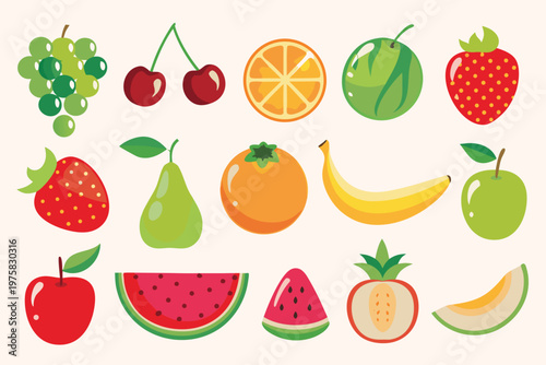 Colorful collection of illustrated fruits including grapes cherries and melons