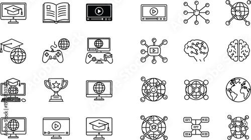 Digital education and online learning line icon set with graduation, video courses, global network, technology, and knowledge sharing concepts