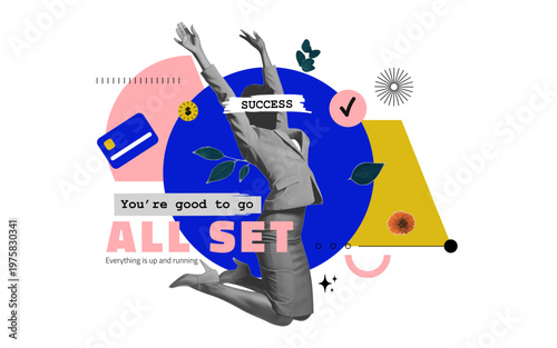 Success and completion concept poster with business woman collage and abstract UI elements