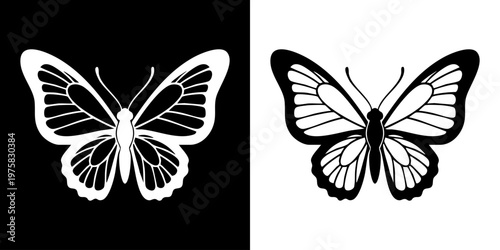 Two butterflies are shown in black and white on contrasting backgrounds.