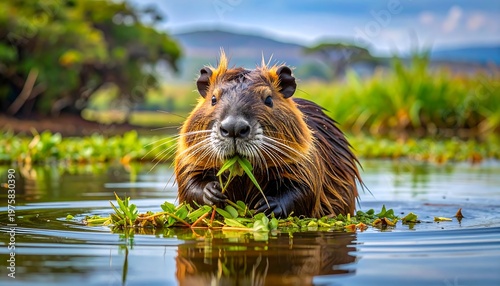 A large rodent eating greenery in a body of water
