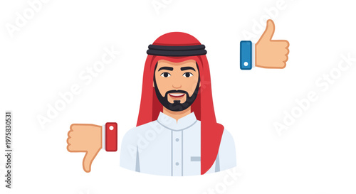 Arab Man Thumbs Up Thumbs Down Icons, Positive Negative Feedback Concept