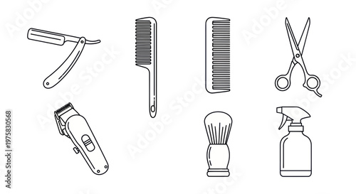 Barber Tools Icon Set: Razor, Clippers, Combs, Scissors, Brush, Sprayer
