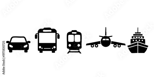 Various transportation modes including car, bus, train, airplane, and ship icons on white