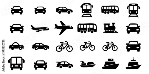 Various transportation vehicles icons on a white background including cars, airplanes, buses, bicycles, and boats.