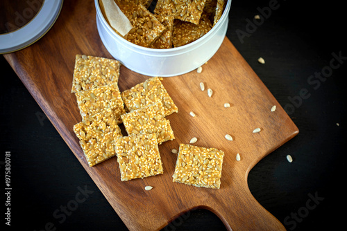 
Sesame cookies, with sesame, sunflower seeds, in sugar caramel.