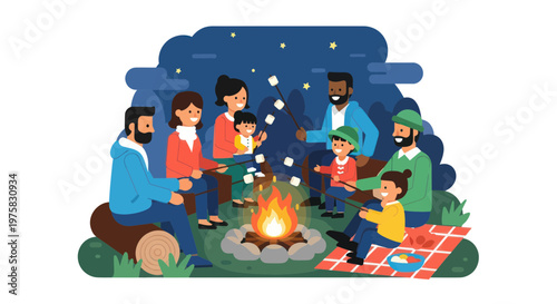 Diverse family and friends enjoy roasting marshmallows around a campfire at night