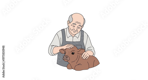 Elderly Farmer Gently Petting Adorable Calf, Rural Life and Animal Care Concept