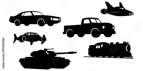 Vehicles including car, truck, airplane, submarine, tank and train on display