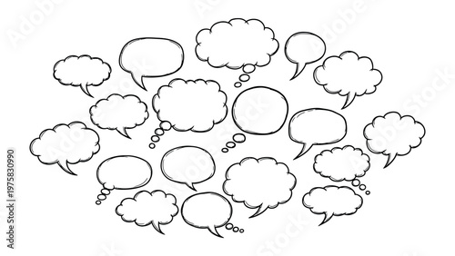 Conversation Cloud: An array of blank thought bubbles and speech bubbles float amidst a sea of dialogue and introspection. A canvas for expressing thoughts and ideas.