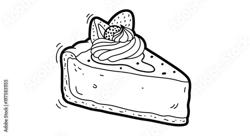 Hand-drawn slice of cheesecake with strawberry and whipped cream, isolated on white.