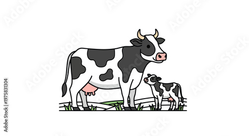 Mother Cow and Calf Standing in a Field, Farm Animal Illustration