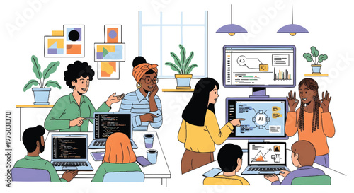 Diverse group of people working together on computers in office