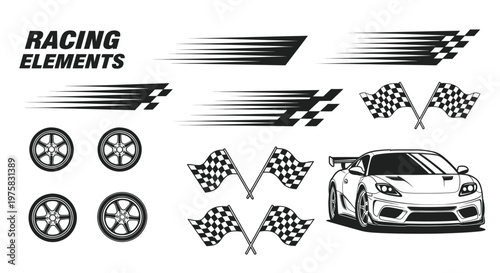 Racing Elements: Car, Flags, Wheels, Speed Lines - Vector Graphics