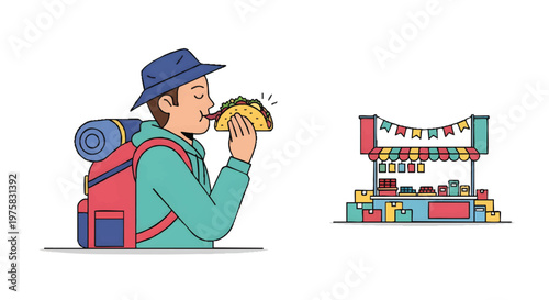 Man eating taco from food truck with backpack on