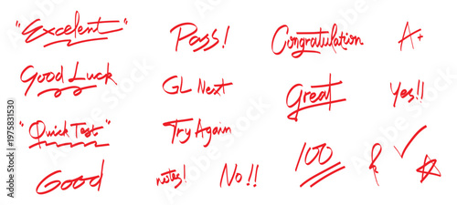 Red handwritten school feedback elements and grading symbols for digital scrapbooking, educational materials, and marking student homework to provide clear visual cues and motivation.