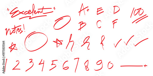 Professional red ink grading icons including letter grades and scoring marks. Great for educational websites, school newsletters, teacher resources, and student achievement visuals.