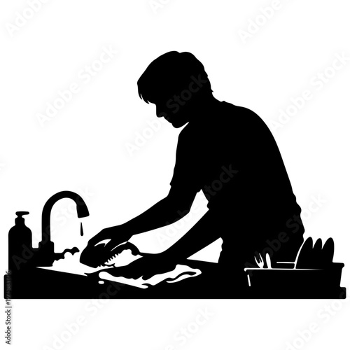 Silhouette of a person washing dishes at a kitchen sink