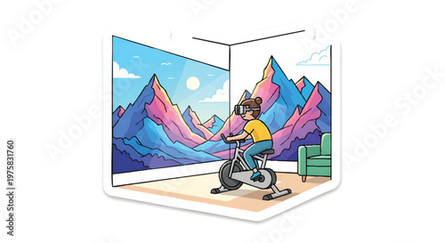 man riding bicycle in virtual reality landscape