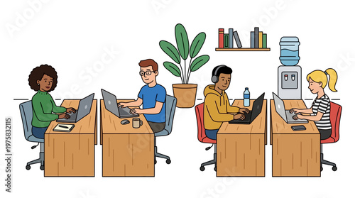 Four colleagues work together at desks with laptops in a modern office setting with plant and water cooler