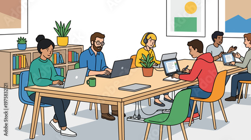 Diverse team of professionals collaborates and works on laptops in a modern office setting with plants and artwork