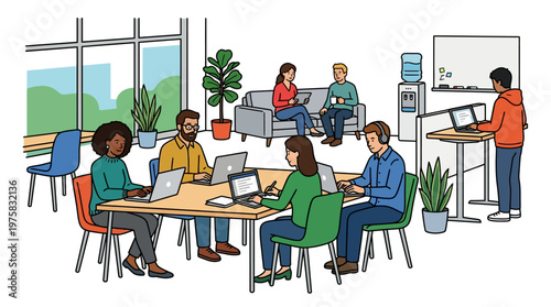 Diverse group of coworkers working together in a modern office space with laptops and plants