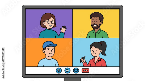 Cartoon people on video conference call on computer screen with colorful backgrounds